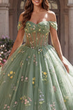 Off The Shoulder Green Corset Ball Gown Floral Quinceanera Dress