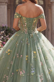 Off The Shoulder Green Corset Ball Gown Floral Quinceanera Dress