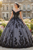 Off The Shoulder Black Ball Gown Appliqued Quinceanera Dress