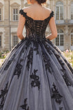 Off The Shoulder Black Ball Gown Appliqued Quinceanera Dress