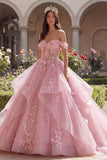 Pink Off The Shoulder Ball Gown Appliqued Ruffled Quinceanera Dress