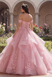 Pink Off The Shoulder Ball Gown Appliqued Ruffled Quinceanera Dress