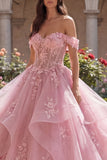 Pink Off The Shoulder Ball Gown Appliqued Ruffled Quinceanera Dress