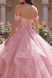 Pink Off The Shoulder Ball Gown Appliqued Ruffled Quinceanera Dress
