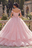 Pink Off The Shoulder Ball Gown Appliqued Tiered Quinceanera Dress