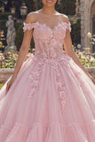 Pink Off The Shoulder Ball Gown Appliqued Tiered Quinceanera Dress