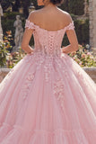 Pink Off The Shoulder Ball Gown Appliqued Tiered Quinceanera Dress