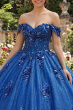 Sparkly Royal Blue Off The Shoulder Appliqued Ball Gown Quinceanera Dress
