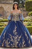 Off The Shoulder Navy Appliqued Long Sleeve Ball Gown Quinceanera Dress