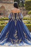 Off The Shoulder Navy Appliqued Long Sleeve Ball Gown Quinceanera Dress