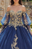Off The Shoulder Navy Appliqued Long Sleeve Ball Gown Quinceanera Dress