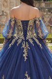 Off The Shoulder Navy Appliqued Long Sleeve Ball Gown Quinceanera Dress