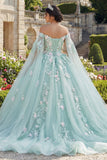 Off The Shoulder Green Appliqued Ball Gown Quinceanera Dress with Cape Sleeves