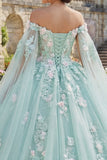 Off The Shoulder Green Appliqued Ball Gown Quinceanera Dress with Cape Sleeves