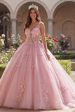 Pink Spaghetti Straps Corset Appliqued Ball Gown Quinceanera Dress