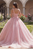 Pink Spaghetti Straps Corset Appliqued Ball Gown Quinceanera Dress