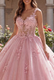 Pink Spaghetti Straps Corset Appliqued Ball Gown Quinceanera Dress
