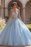Strapless Blue Corset Appliqued Ball Gown Quinceanera Dress