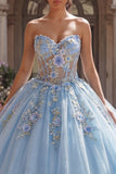 Strapless Blue Corset Appliqued Ball Gown Quinceanera Dress