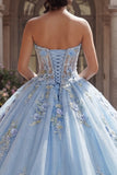 Strapless Blue Corset Appliqued Ball Gown Quinceanera Dress