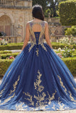Navy Round Neck Corset Appliqued Ball Gown Quinceanera Dress