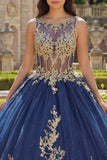 Navy Round Neck Corset Appliqued Ball Gown Quinceanera Dress