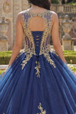 Navy Round Neck Corset Appliqued Ball Gown Quinceanera Dress