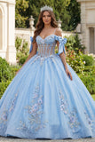 Blue Cold Shoulder Corset Appliqued Ball Gown Quinceanera Dress