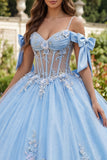 Blue Cold Shoulder Corset Appliqued Ball Gown Quinceanera Dress