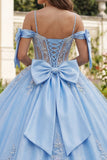 Blue Cold Shoulder Corset Appliqued Ball Gown Quinceanera Dress