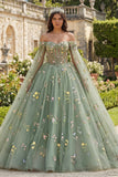 Off The Shoulder Green Ball Gown Floral Quinceanera Dress with Cape Sleeves