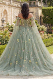 Off The Shoulder Green Ball Gown Floral Quinceanera Dress with Cape Sleeves