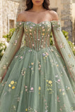 Off The Shoulder Green Ball Gown Floral Quinceanera Dress with Cape Sleeves