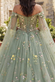 Off The Shoulder Green Ball Gown Floral Quinceanera Dress with Cape Sleeves