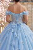 Ball Gown Off the Shoulder Blue Pearls Corset Quinceanera Dress with 3D Flowers