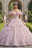 Off the Shoulder Pink Glitter Ruffled Ball Gown Quinceanera Dress