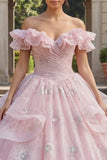 Off the Shoulder Pink Glitter Ruffled Ball Gown Quinceanera Dress
