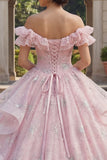 Off the Shoulder Pink Glitter Ruffled Ball Gown Quinceanera Dress