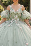 Sage Green Ball Gown 3D Flowers Princess Quinceanera Dress with Puff Sleeves