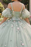 Sage Green Ball Gown 3D Flowers Princess Quinceanera Dress with Puff Sleeves