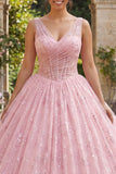 Glitter Pink Ball Gown Corset V Neck Quinceanera Dress