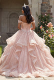 Off the Shoulder Glitter Pink Ball Gown Beaded Ruffled Quinceanera Dress