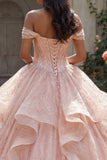 Off the Shoulder Glitter Pink Ball Gown Beaded Ruffled Quinceanera Dress