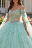 Light Green Beaded Ball Gown Off the Shoulder Corset 3D Flower Quinceanera Dress with Cape Sleeves