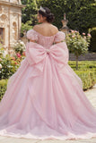 Ball Gown Pink Beaded Corset Off the Shoulder Quinceanera Dress with Large Bow