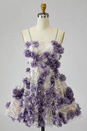 Sparkly Purple Sequin 3D Floral Pearl Short Homecoming Dress with Sequins