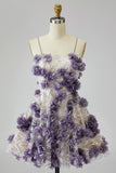 Sparkly Purple Sequin 3D Floral Pearl Short Homecoming Dress with Sequins