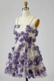 Sparkly Purple Sequin 3D Floral Pearl Short Homecoming Dress with Sequins