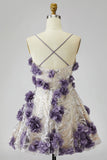 Sparkly Purple Sequin 3D Floral Pearl Short Homecoming Dress with Sequins