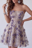 Sparkly Purple Sequin Floral Short Cocktail Dress